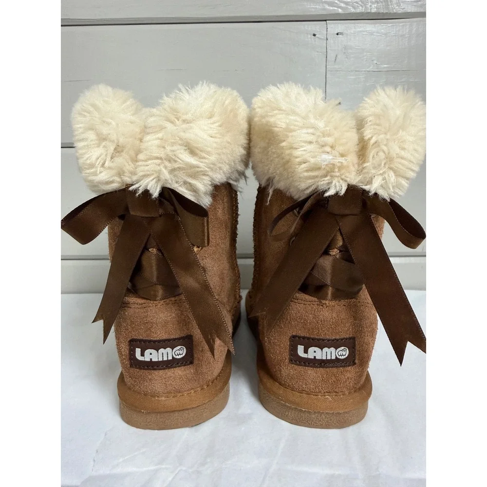 Lamo Winter Boots Youth 13Y Chestnut Brown Suede Faux Fur Bows DFL50002369